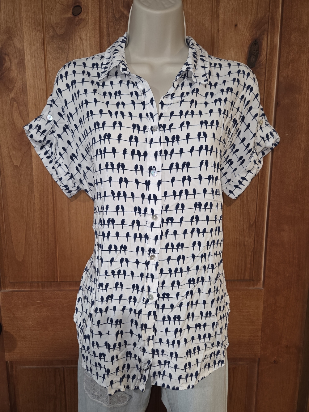 Jane and Delancey White Blouse with Navy Bird Print